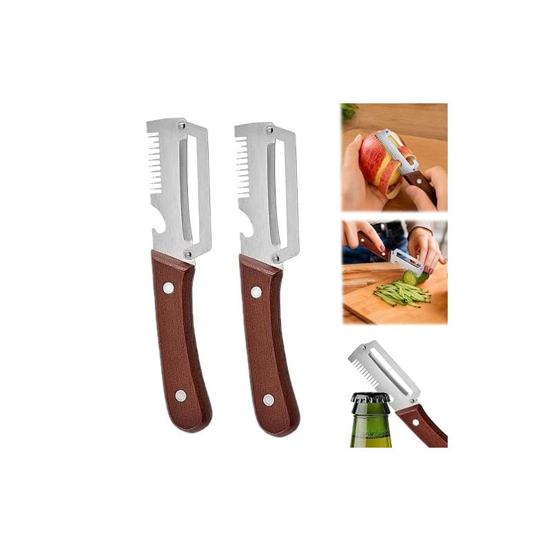 JINDANCL 3 en 1 Éplucheur de légumes multifonction,2pcs Eplucheur en Acier Inoxydable et manche en bois, Décapsuleur, Éplucheur
