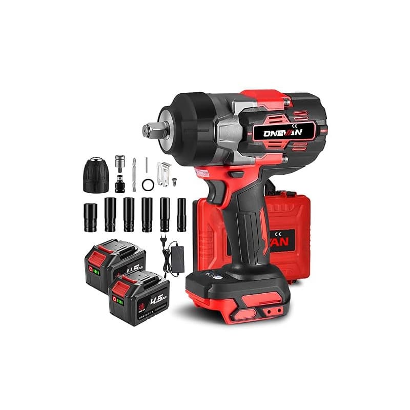 ONEVAN cle a choc sans fil 1700 N.m, 1/2" clé à choc sur batterie avec 2 batteries 4,0 Ah et 6 clés à douille (14/17/18/19/21/22