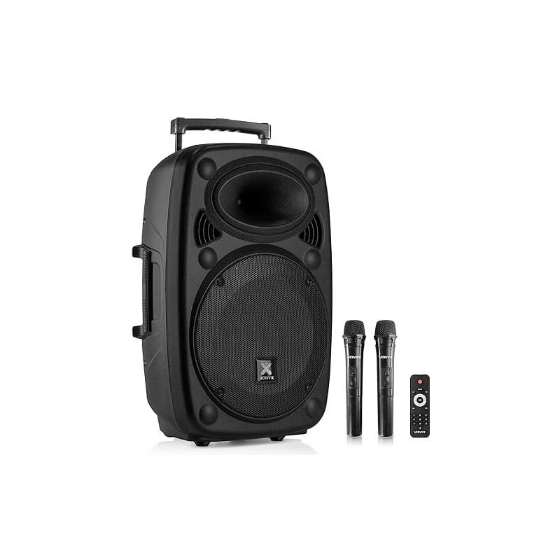 Vonyx Verve38 Enceinte Sono Portable 800W, Enceinte Bluetooth Puissante, 2 Micros sans Fil UHF, Poignées et roulettes de Transpo