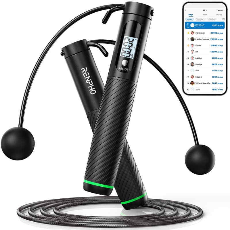 RENPHO Corde à Sauter Intelligente avec Compteur, Corde à Sauter sans Fil Réglable, App Données d'Analyse, Corde a Sauter Fitnes