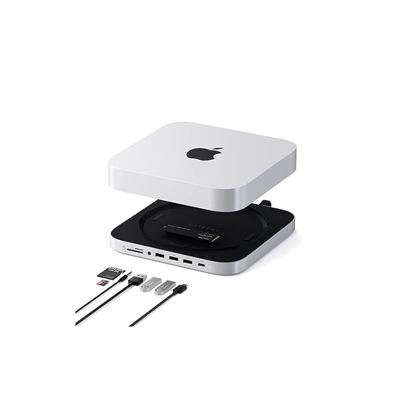 SATECHI Hub Mac Mini & Support avec Boîtier SSD NVMe/SATA M.2, Données 10Gbps, 3X USB-A 5/10Gbps et Prise Audio, pour Mac Mini M