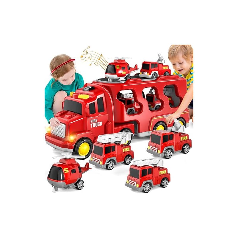 BLmukce Jouet Camion de Pompiers 5 en 1 pour Enfants, Transporteur à Friction avec 4 véhicules de Pompiers, Jouet de 1 2 3 Ans p