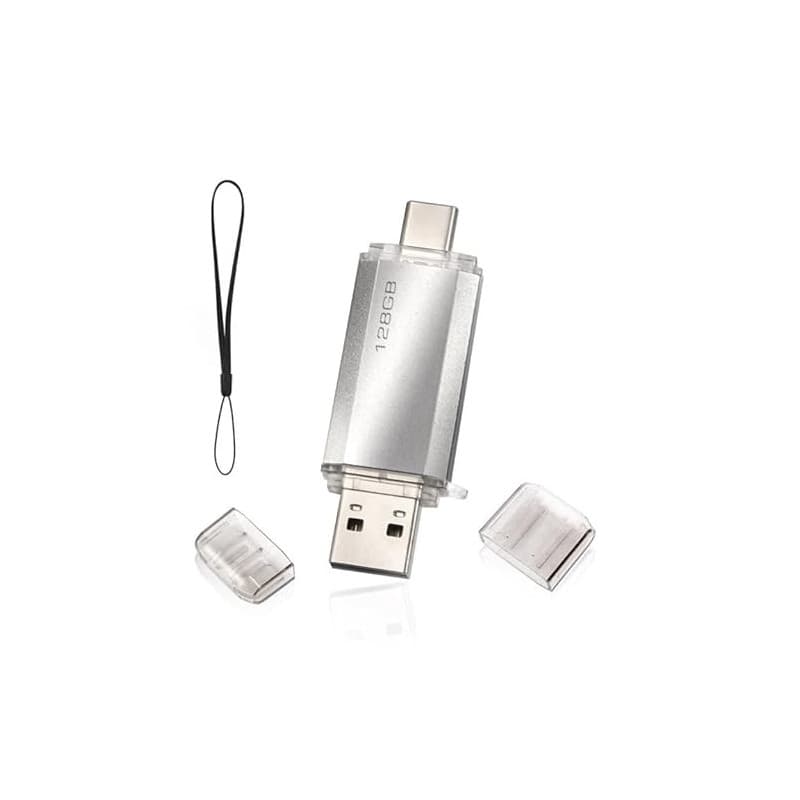 Clé USB C 128GB 2-en-1 Dual Connector OTG 128GB Type C Metal Flash pour Smartphone/TV/PC MacBook Pro(Argent)
