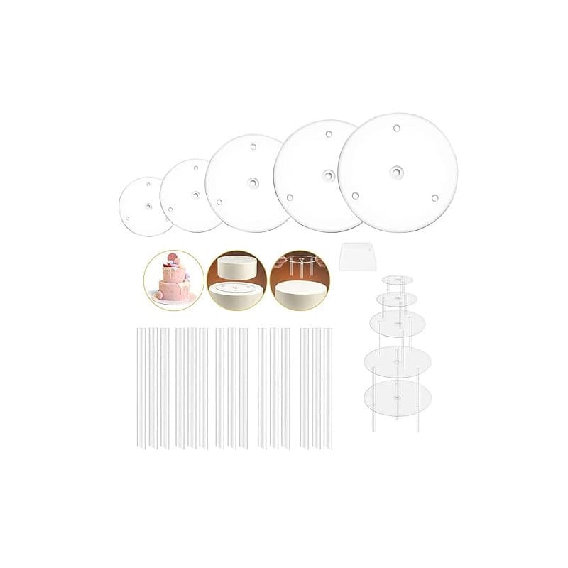 Planches à Gâteaux,Plat Gateau Sur Pied Plastique, 5 Plateaux de Séparation de gâteau et 15 Pièces Goujons à Gâteau Supports à G