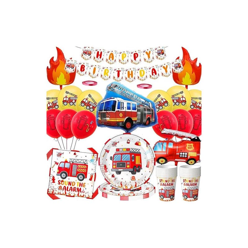 Kit de décoration d'anniversaire motif camion de pompier - 80 pièces - Vaisselle de fête avec grand ballon en aluminium camion d