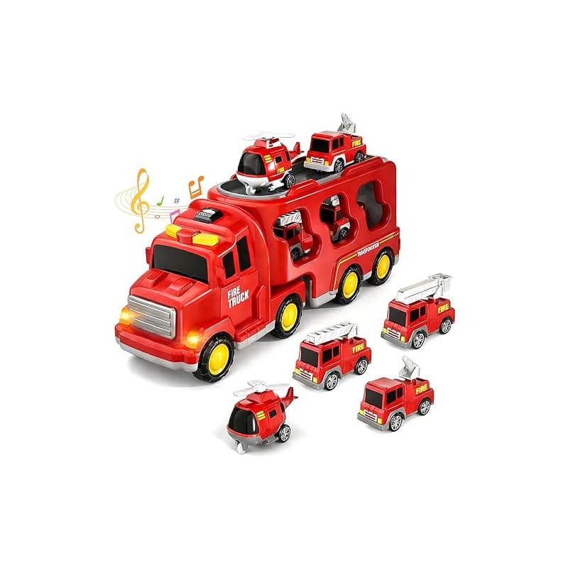 Dcceeo Camion Pompier Jouet, Camion de Pompiers 5 en 1 pour Enfants Jouet de Camion Pompier avec 4 Véhicules de Pompiers, Sons e