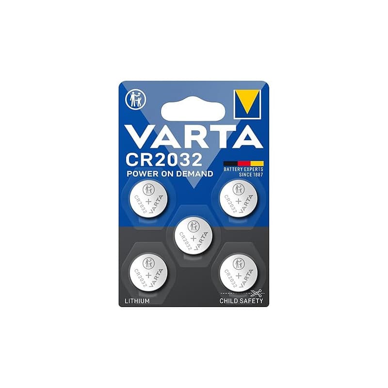 VARTA Piles Bouton CR2032, lot de 5, Power on Demand, Lithium, 3V, emballage sécurisé pour les enfants, pour petits appareils él