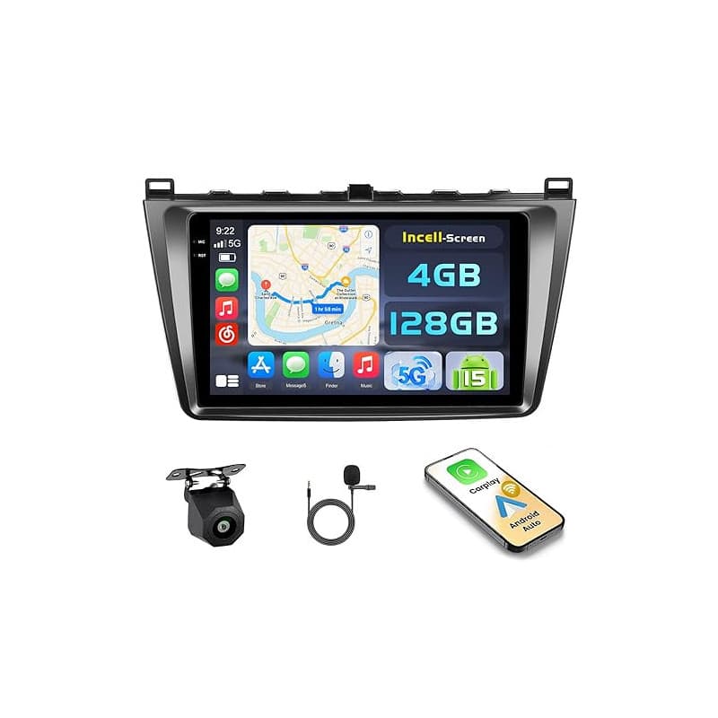 Hikity Android 15 4+128GB Autoradio Carplay pour Mazda 6 2007-2012 Aves 9" Écran Tactile Incell, Auto Radio Aves sans Fil Carpla
