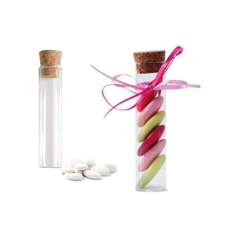 Aurora Store Lot de 48 bouteilles en verre avec bouchon en liège, bonbonnière pour dragées, 12 cm, diamètre 2,5 cm, type tube de