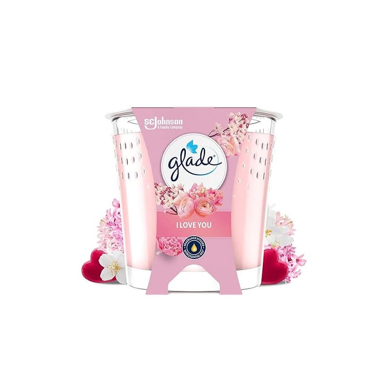 Glade Bougie Parfumée – Certifiée Vegan – Parfum I Love You - Infusé aux Huiles Essentielles –Formule Sans Huile de Palme – dure