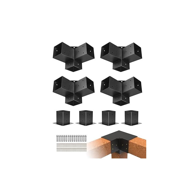 VEVOR Kit Supports de Pergola, Lot de 8, Support de Poteau Bois 92x92 mm, 4 Supports d'angle 3 Voies, 4 Bases de Poteaux, Acier