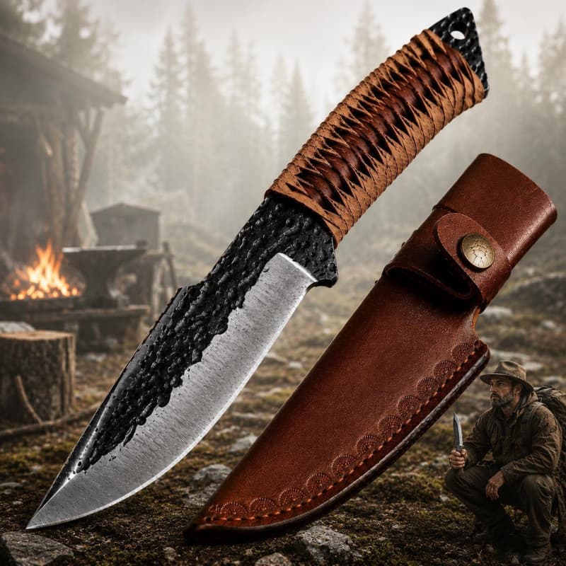 YOUR LIVING ART Couteau utilitaire forgé à la main – lame fixe en acier 7Cr17MoV avec étui en cuir véritable, outil d’extérieur