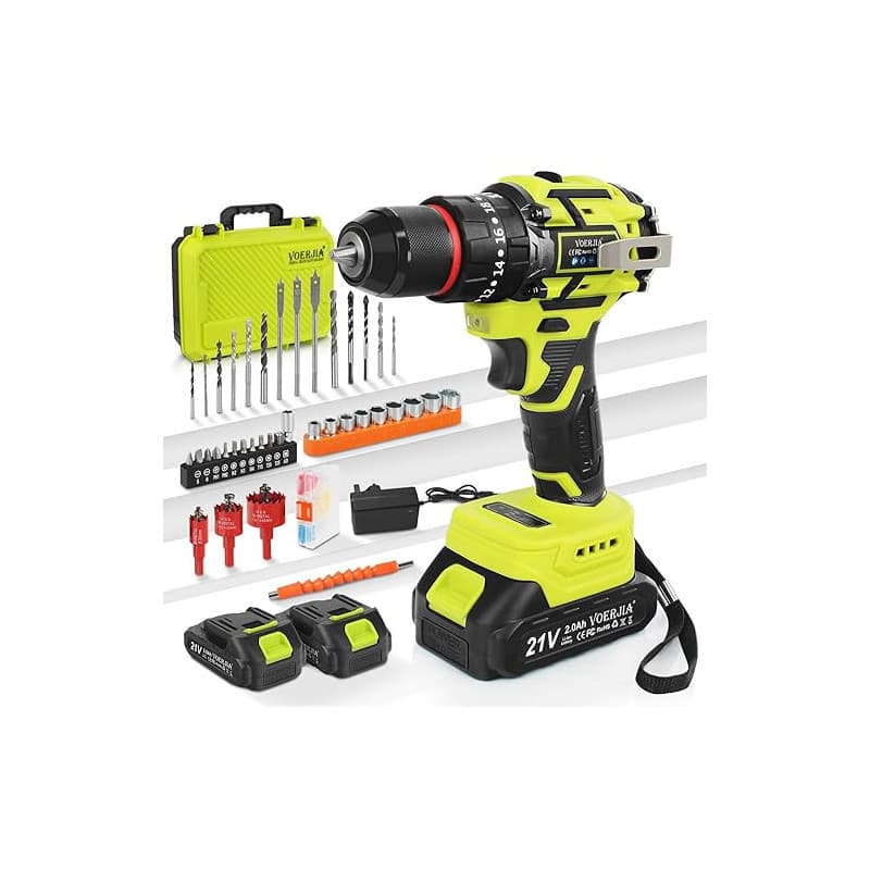 VOERJIA Perceuse Visseuse Sans Fil 21V, Perceuse Percussion Brushless avec 2 Batteries 2000mAh, 65Nm Couple Max, 20+3 Réglages d