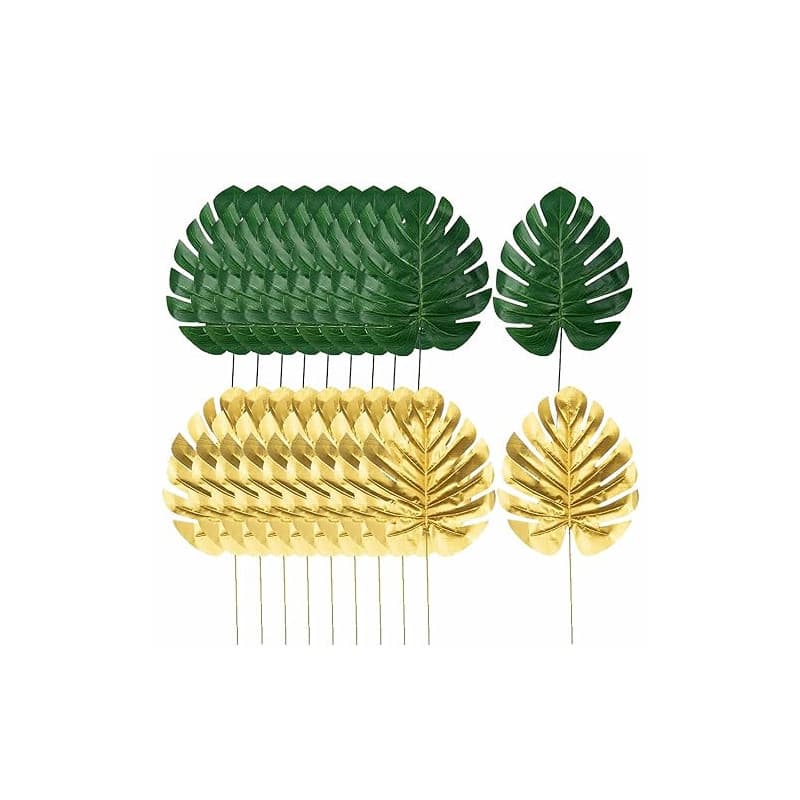 Lot de 20 feuilles de palmier artificielles de Monstera dorées avec tiges pour décoration de table de fête tropicale sur le thèm