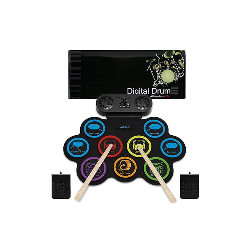 Batterie électronique Lychee avec prise casque, 9 pads d'entraînement stéréo enroulables, haut-parleur intégré, pédales, baguett