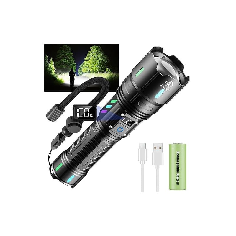 Jayxinli Lampe Torche LED Ultra Puissante 1000000 Lumens – Rechargeable 5000mAh avec Affichage LCD, 5 Modes, Zoomable, IP67 Étan