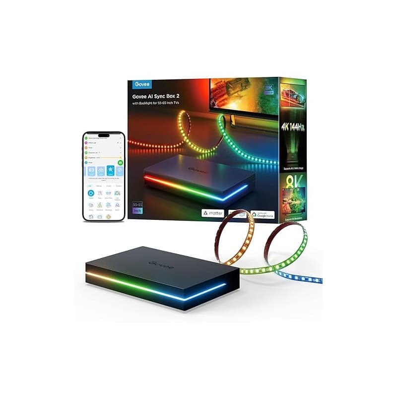 Govee HDMI 2.1 Sync Box AI Kit 2, Compris Rétroéclairage du TV, Prend en Charge 8K@60Hz, 4K@144Hz, VRR et ALLM, Fonctionne avec