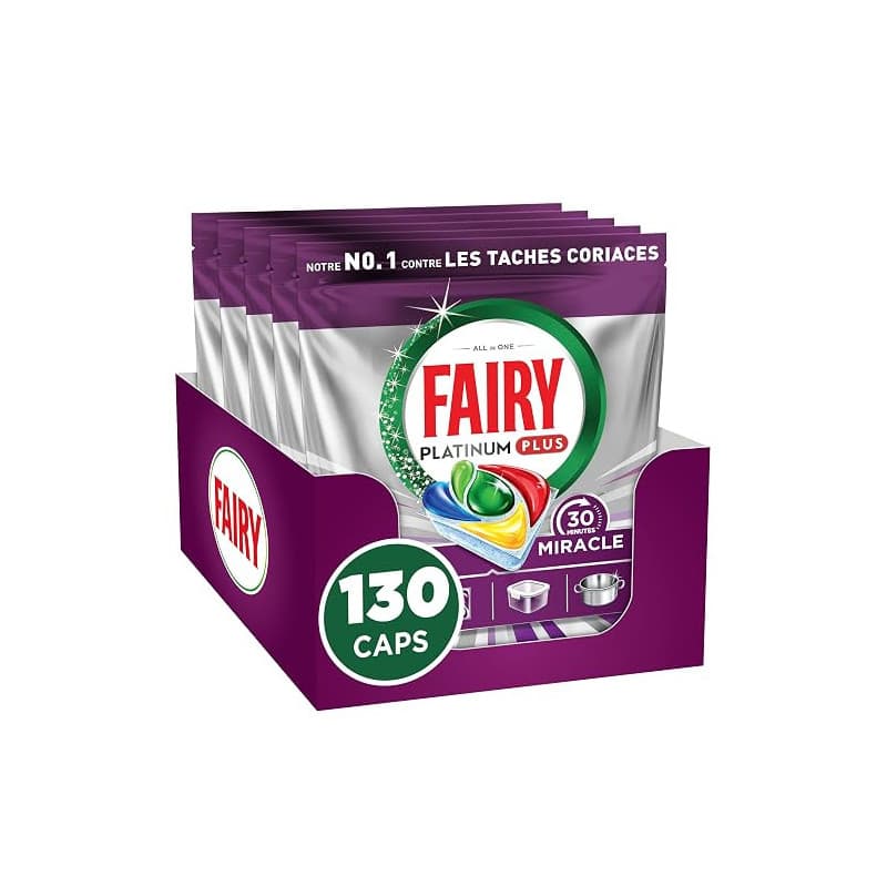 Fairy Platinum Plus Tablettes Lave-Vaisselle Tout-en-1, Miracle 30 Minutes, 130 Tablettes (26x5), Notre Nettoyant n°1 Pour Les R