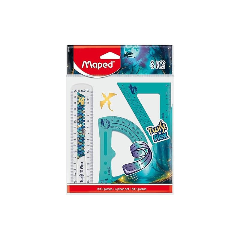 Maped - Mini Kit de Traçage Twist'N Flex Dragon - 3 Pièces - Incassable - Règle 15 cm + Equerre 60° + Rapporteur 180°