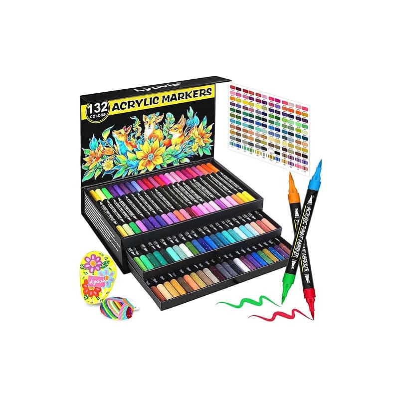 Lyuvie 132 Couleurs Feutre Acrylique,66 Pcs Acrylic Paint Marker Marqueur Peinture Acrylique Pointe Brush pour Roche Tissu Pierr