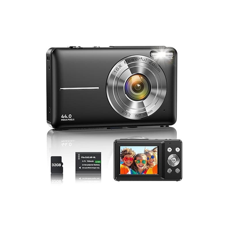 Appareil Photo Numérique 1080P 44MP Caméra Vlogging pour Enfants Ados, FHD Compact Portable avec Écran 2,4" Zoom 16X, Mini Camér