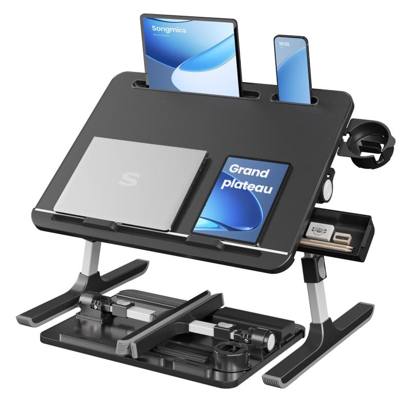 SONGMICS Table de Lit, Bureau Pliable, Plateau 56 x 40 cm, Inclinaison Continue à 120°, Hauteur Réglable, Porte-Gobelet, Support