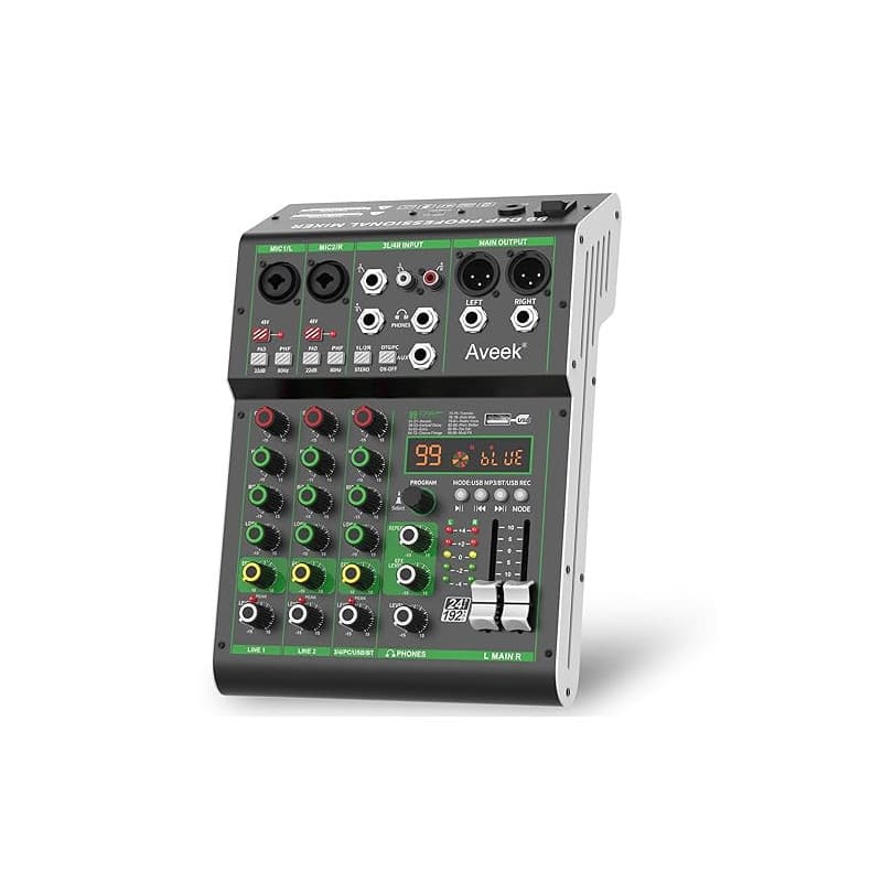 Aveek Audio Mixer,Table de Mixage Professionnelle avec USB/Bluetooth,4 Canaux D'entrée Stéréo DJ Mixer,48V Phantom Power 99 DSP