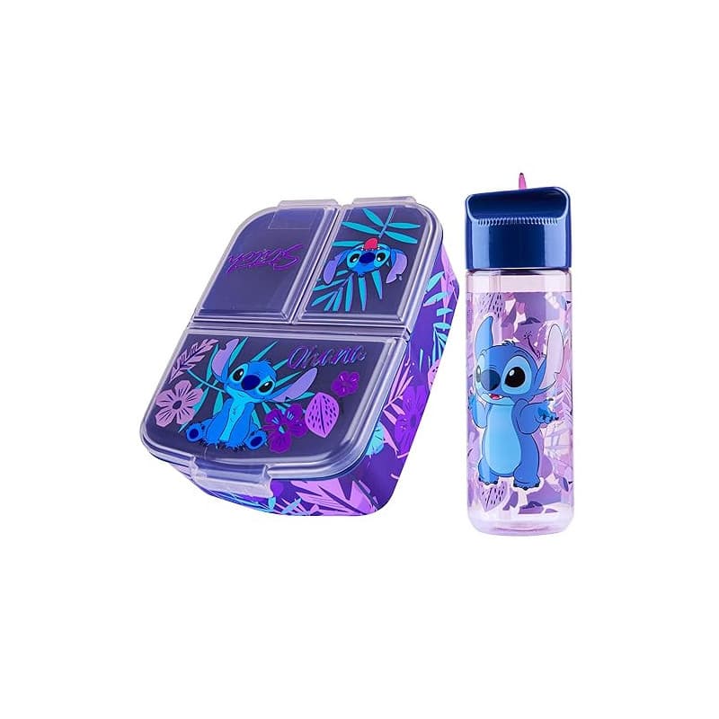 Disney Stitch Boîte à Goûter avec Compartiments et Gourde Enfant - Parfait pour l'École (Bleu/Violet)