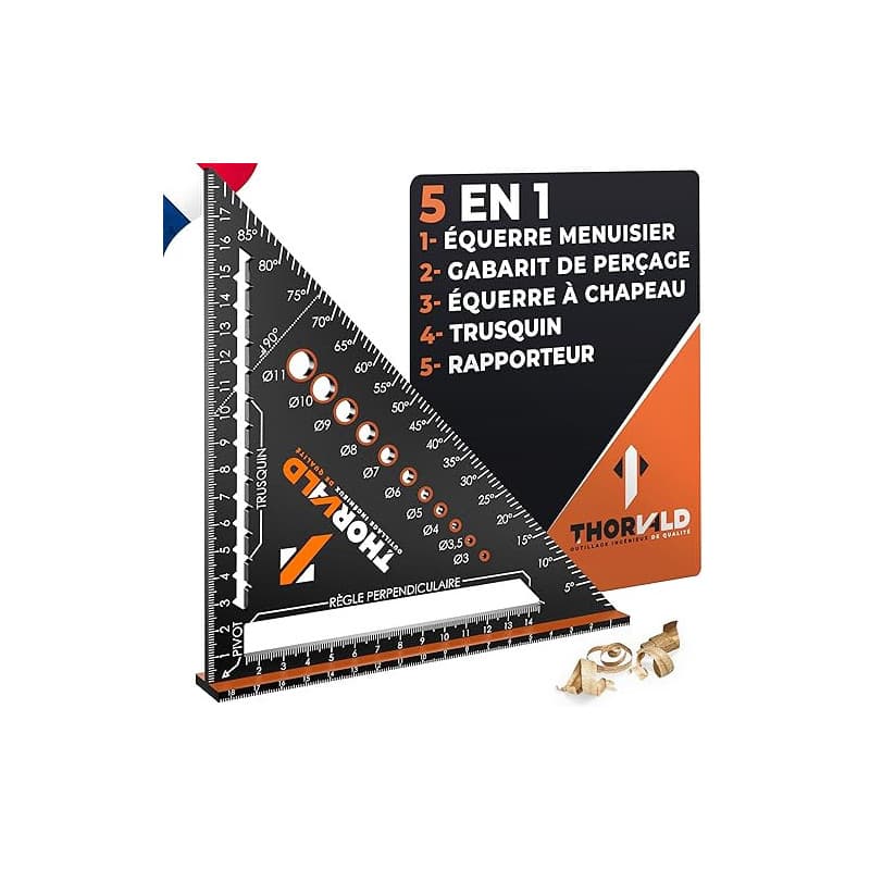 THORVALD 5 en 1 Equerre Menuisier 180 mm - Multifonction : Trusquin/Raporteur/Gabarit de percage/Equerre a chapeau - Aluminium -