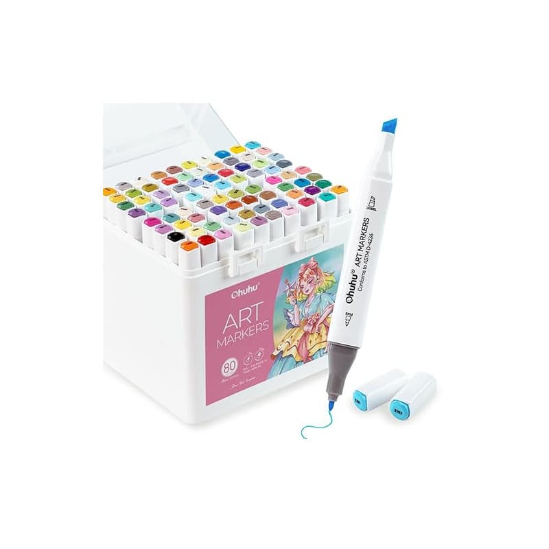 Ohuhu Marqueurs à alcool, 80 couleurs de marqueurs à double pointe + 1 mélangeur incolore, biseau et marqueur fin à base d'alcoo