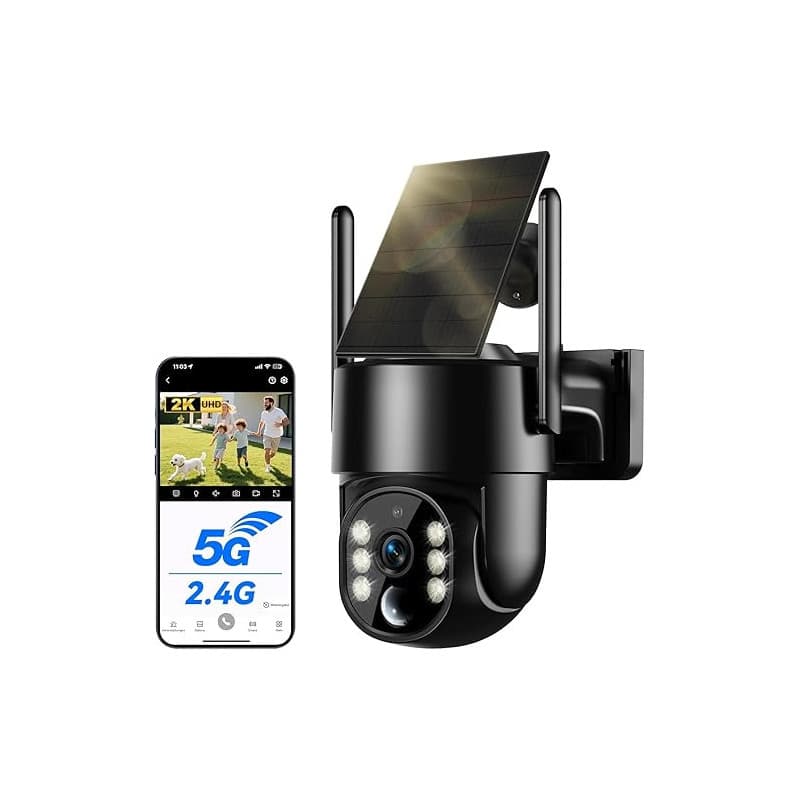 Camera Surveillance WiFi Exterieure sans Fil Solaire 2.5K 4MP avec Panneau Solaire 5W, 2K QHD, Batterie 8000mAh, 2.4G et 5GHz Wi
