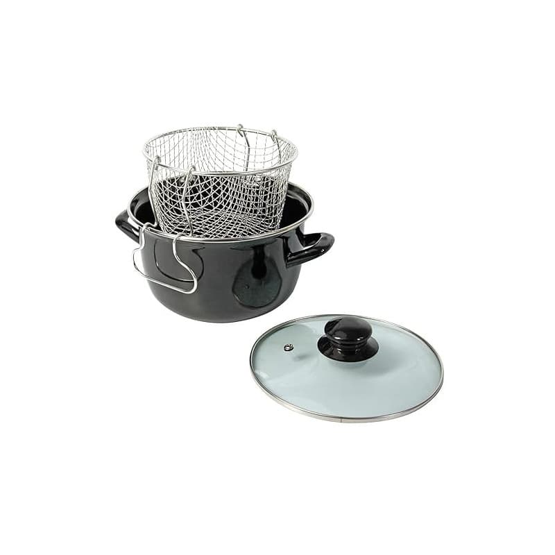 Crealys 545413 Friteuse Traditionnelle Ø26 cm en Acier Émaillé avec Panier & Couvercle Verre – Cuisson à l’Ancienne pour Frites