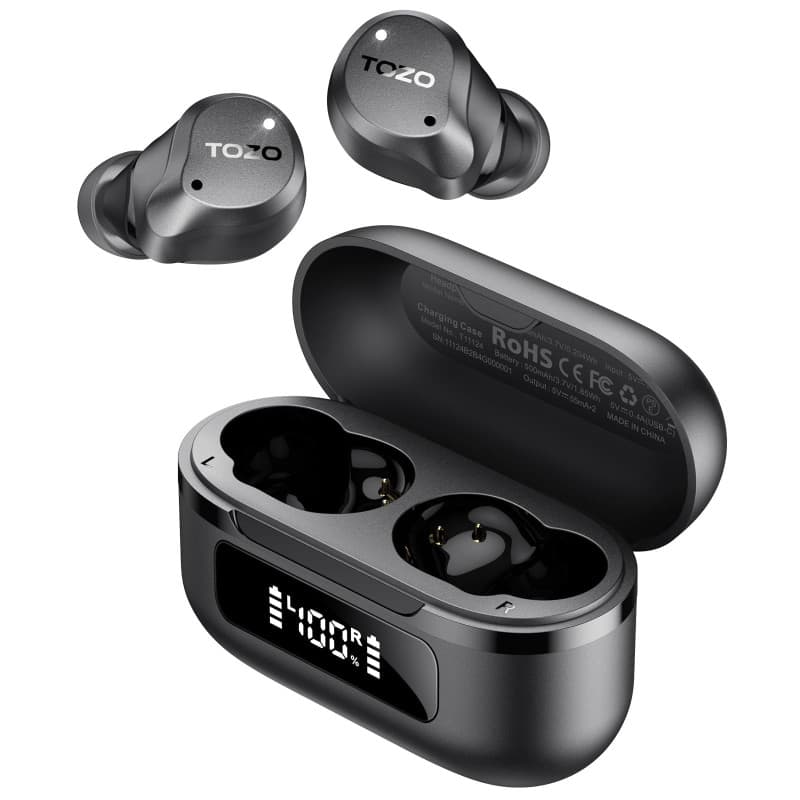 TOZO NC9 Écouteurs Bluetooth 5.3 sans fil avec ANC hybride jusqu’à 45 dB, micro clair à 6 microphones ENC pour les appels profes