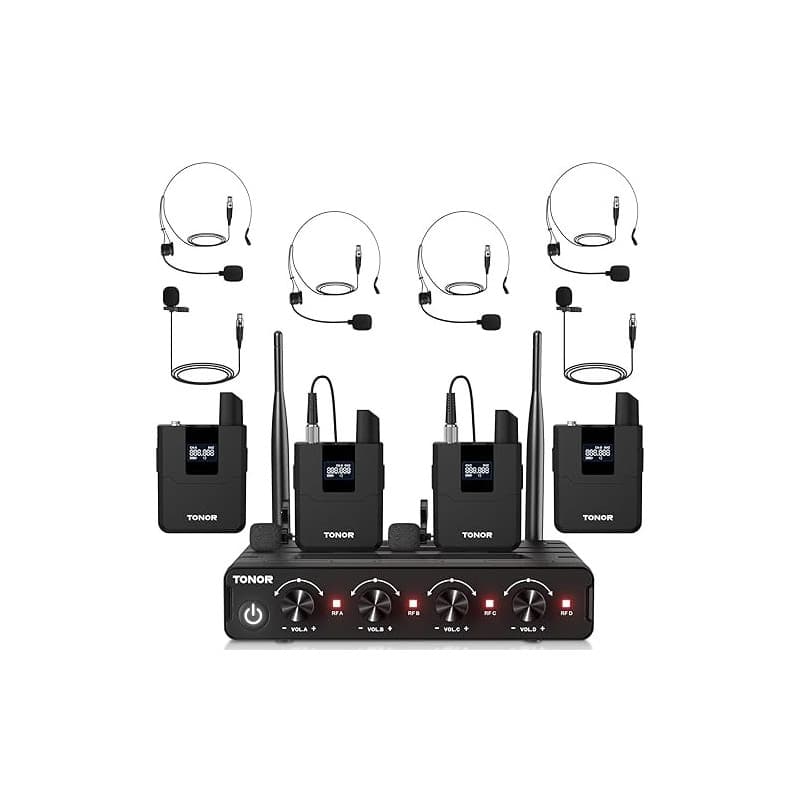 TONOR Système de Micro sans Fil avec 4 émetteurs de Poche/micros-Cravates/Casque à Effet Hall, 4x5 fréquences, portée 60m, pour