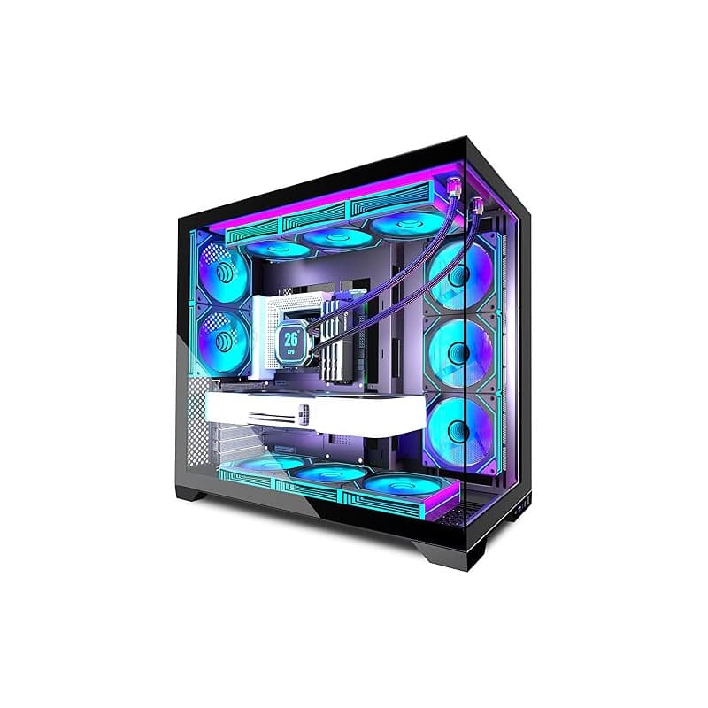 ANSAITE Boîtier PC ATX 9 Ventilateurs PWM ARGB pré-installés, Boîtier PC Gaming Mid-Tower, Boîtier Informatique panoramique en V