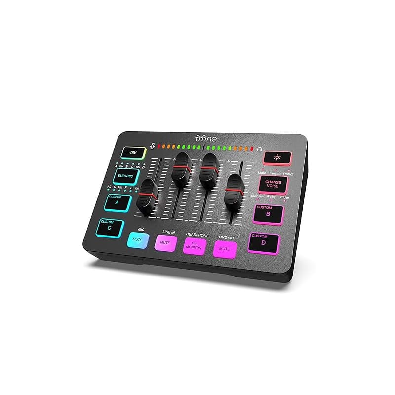 FIFINE Gaming Audio Mixer PC, Table de Mixage avec Carte Son pour Micro XLR, Mélangeur Audio Contrôleur pour Streaming Podcast E