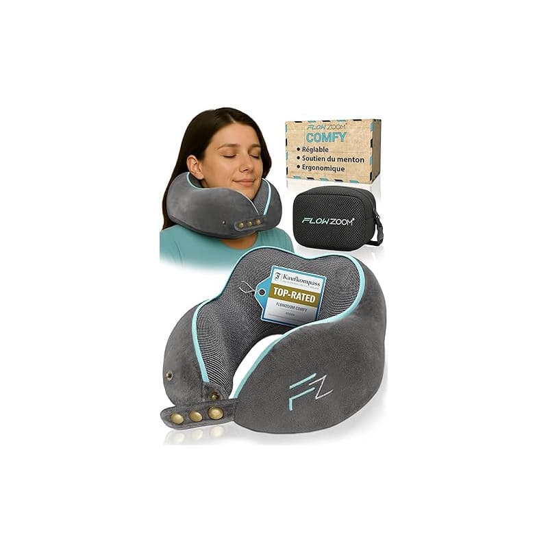 FLOWZOOM Comfy Coussin de Voyage en Mousse à Mémoire de Forme pour Avion et Voiture – Oreiller pour Avion Réglable, Soutien à 36