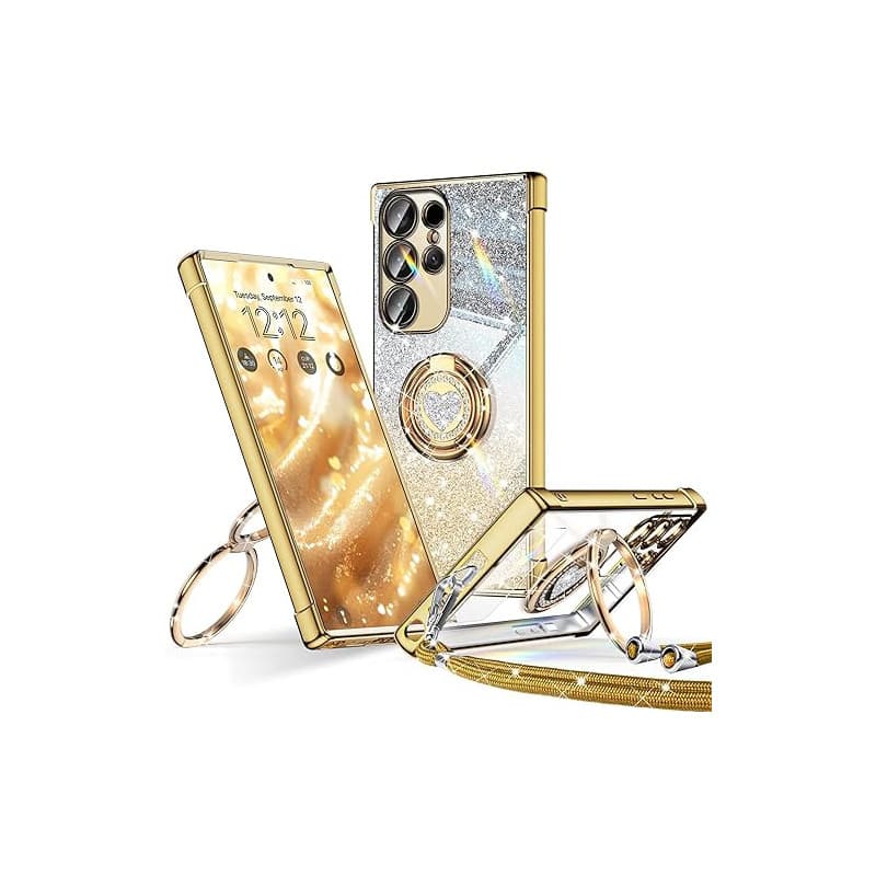 XYZ Coque pour Samsung Galaxy S24 Ultra Con Cordon, Mignonne et Luxueuse, Double Anneau Motif Cœur d'amour pour Femmes et Filles