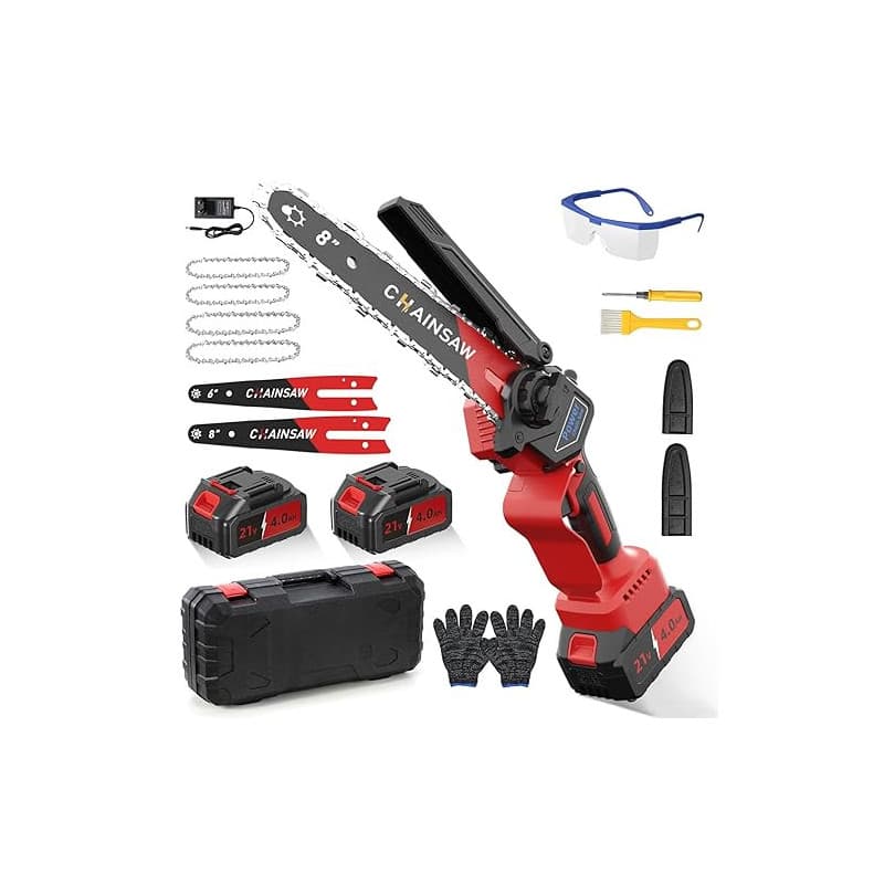 Mini Tronçonneuse à Batterie 6 et 8 Pouces, 1300W Brushless Tronconneuse Electrique Sans Fil pour Jardin, 8000mAh Tronçonneuse E