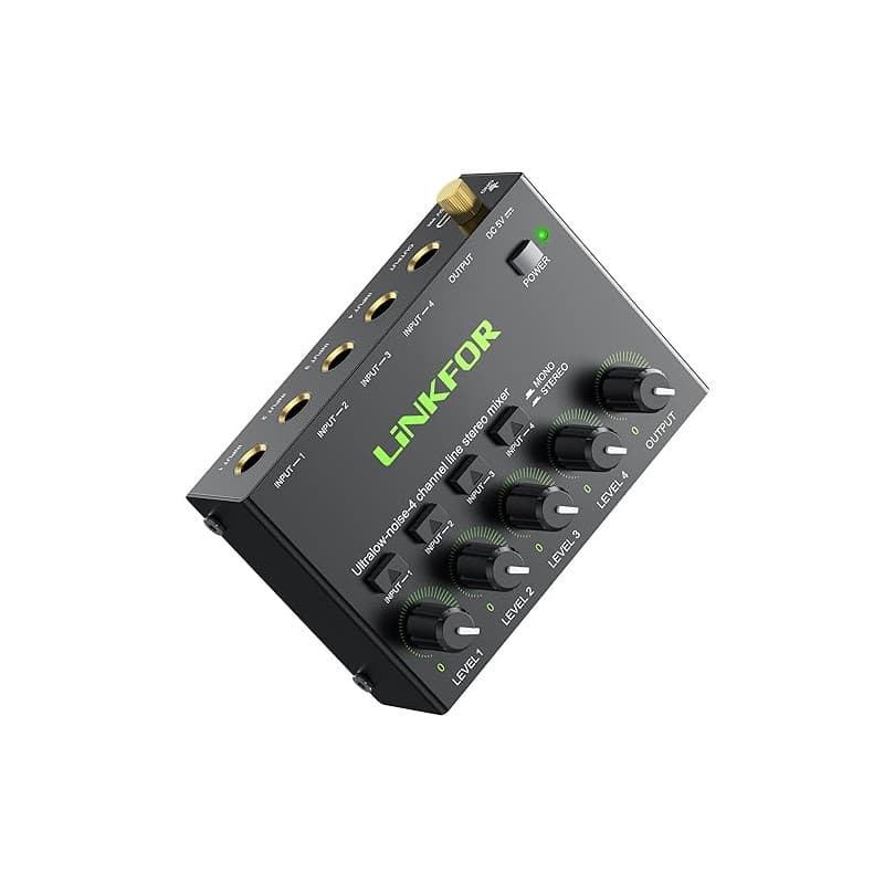 LiNKFOR Mini Mélangeur Audio Stéréo 4 Canaux Mélangeur de Ligne Ultra-Faible Bruit Switch Stereo/Mono, Contrôle du Volume Indépe