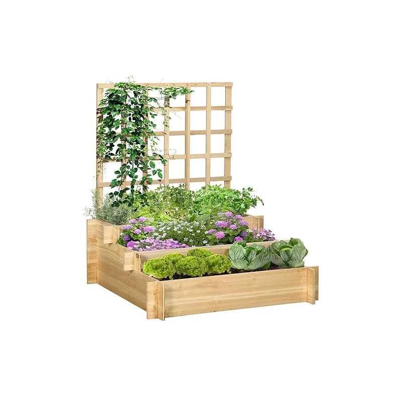 Outsunny Carré Potager jardinière à 3 étages avec Treillis lit surélevé en Bois sans Fond pour Plantes grimpantes, légumes, Fleu
