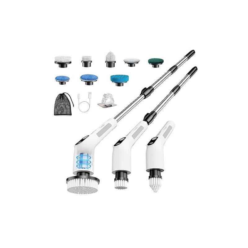Brosse Rotative Nettoyage Electrique avec 8 Têtes Interchangeables, Rechargeable Brosse Nettoyage Salle de Bain, 2 Vitesses régl
