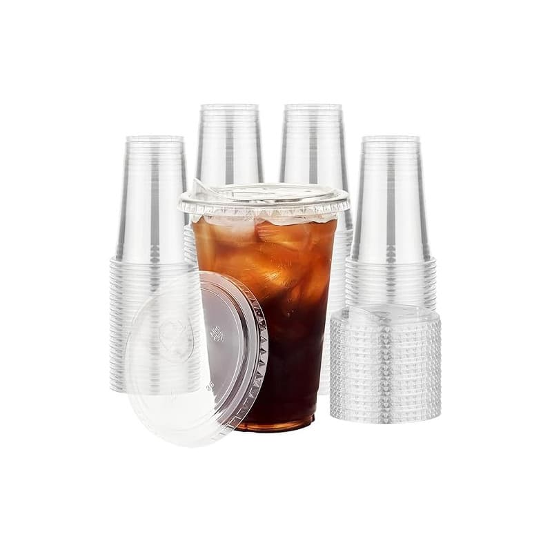 KAHEIGN 50 Pièces Gobelets en Plastique Transparent avec Couvercles, 480ml Gobelet à Café en Plastique Réutilisable Verres Éléga