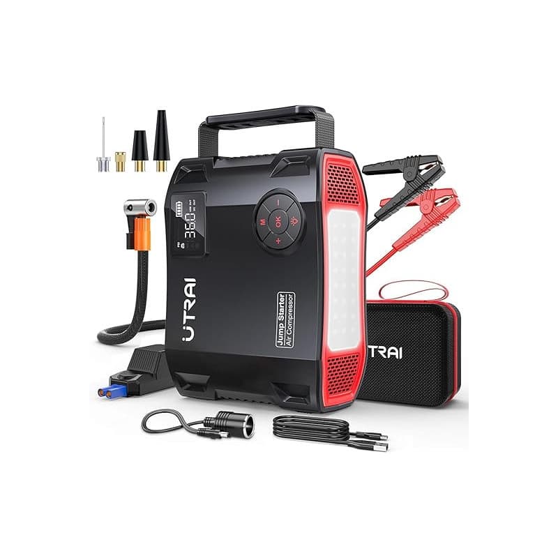 UTRAI 27000mAh Booster Batterie Voiture 8000A, Demarreur Batterie Voiture avec 1600 Lumens LED, Gonfleur, Sortie CC 160 W, 18W C