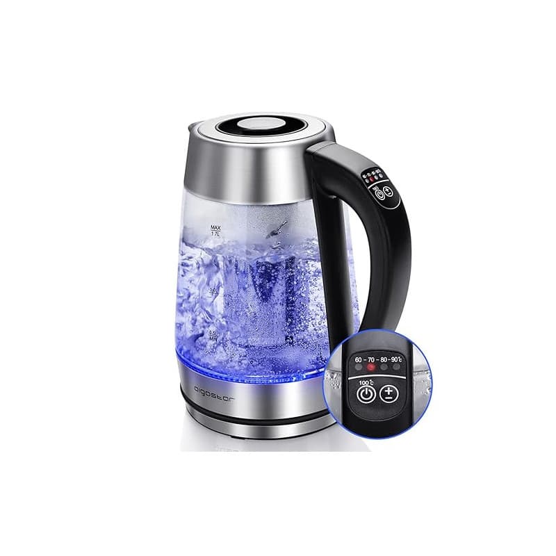 Aigostar Cris - Bouilloire en verre Température Réglable 2200W, 1.7L. Thermostat Réglable (60 à 100ºC) et fonction maintien au c