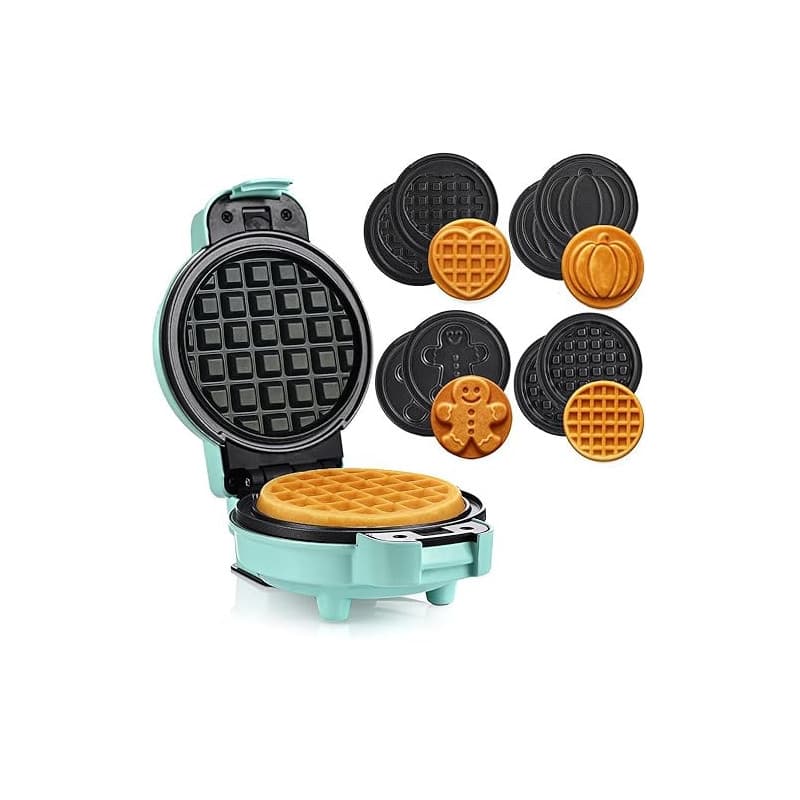 LEHMANN Mini Gaufrier avec Plaques Interchangeables, 4 Rond Formes : Cœur, Classique, Citrouille, Pain d’Épices, Revêtement Anti