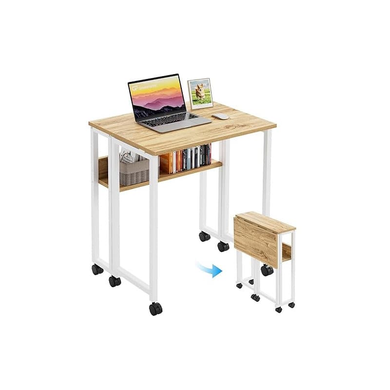 GreenForest Bureau Pliable à roulettes, 63cm Table d'appoint avec Rangement | Bureaux d’Ordinateur et Facile à Assembler pour Pe