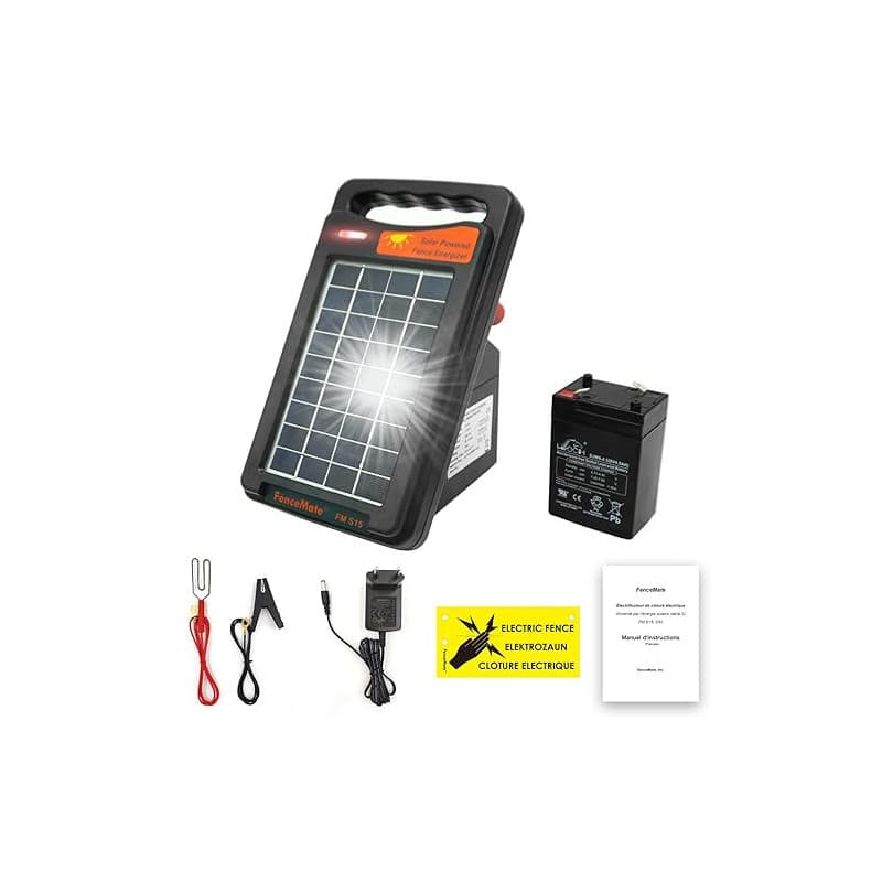 FenceMate Électrificateur Clôture Électrique Solaire, avec une sortie de 0.15 J jusqu'à 2 km, appareil portable pour élever des