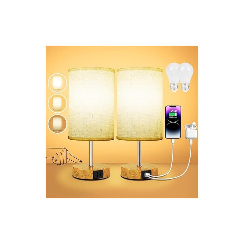 Suright Lampe de Chevet Tactile Lot de 2 avec Ports de Charge USB-A + USB-C, Intensité Variable 3 Voies, Abat-jour en Tissu de L