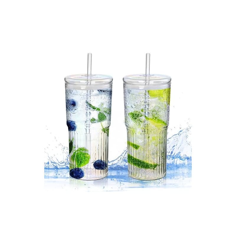 PORFOYO Verre Matcha Latte avec Paille, Verre avec Couvercle et Paille, Lot de 2 Tasses de 600 Ml, Couvercles Anti Déversement,